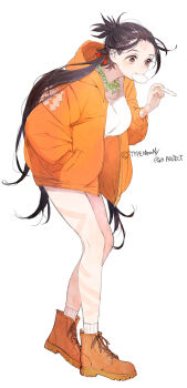1girl boots breasts brown_eyes brown_hair commentary_request facial_mark fate/grand_order fate_(series) food_in_mouth forehead forehead_mark full_body himiko_(fate) jacket jewelry large_breasts long_hair long_sleeves low_twintails magatama magatama_necklace necklace official_art orange_jacket shirt solo toi8 topknot twintails white_shirt