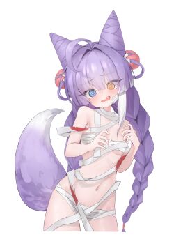 1girl absurdres ahoge alternate_costume armpit_crease bandage_on_face bandages blood blood_on_clothes blue_eyes blush braid braided_twintails breasts commentary_request cone_hair_bun cropped_legs double_bun embarrassed fang fox_girl fox_tail hair_bun hair_intakes hair_ornament hair_rings hands_up heterochromia highres huge_ahoge korean_commentary long_hair looking_at_viewer naked_bandage navel open_mouth pfiff pom_pom_(clothes) pom_pom_hair_ornament raised_inner_eyebrows revealing_clothes simple_background small_breasts solo standing stellive tail tenko_shibuki very_long_hair virtual_youtuber wavy_mouth white_background yellow_eyes