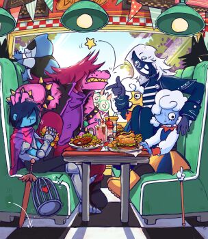 1other 2girls 4boys angry animal_ears armlet arms_around_neck birdcage blue_skin bonny_apetite bracelet burger cage clenched_teeth colored_skin colored_teeth couch deltarune eating elnina_(deltarune) food goat_boy goat_ears green-framed_eyewear hand_on_another&#039;s_head highres jewelry kris_(dark_world)_(deltarune) kris_(deltarune) lancer_(deltarune) lanino_(deltarune) multiple_boys multiple_girls pink_scarf pointer pointing ralsei reptile_girl restaurant rouxls_kaard scarf soul_(deltarune) spiked_armlet spiked_bracelet spikes susie_(dark_world)_(deltarune) susie_(deltarune) sweatdrop sword teeth utdr_(toby_fox) weapon yellow_teeth