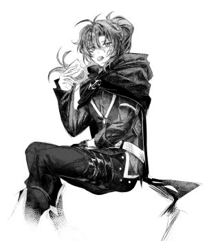 1boy bread bread_slice commentary diluc_(genshin_impact) eating food genshin_impact gloves greyscale hashtag-only_commentary high_ponytail highres holding_bread invisible_floor long_hair long_sleeves male_focus monochrome ponytail simple_background sitting solo symbol-only_commentary white_background zehuij