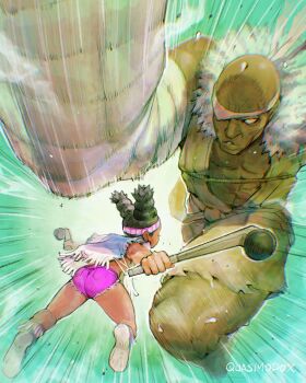 1boy 1girl ass bald bare_shoulders black_hair dark-skinned_female dark_skin eyepatch fighting highres lily_hawk multi-tied_hair muscular muscular_male quasimodox sagat shoes short_shorts shorts street_fighter street_fighter_6 tall_male