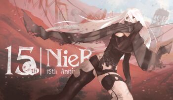 1girl a2_(nier:automata) absurdres android anniversary black_leotard black_scarf blue_sky breasts ceramicnoise cloud cloudy_sky copyright_name elbow_gloves gloves highres large_breasts leotard long_hair nier:automata nier_(series) outdoors scarf sky solo white_hair