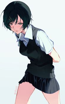 1girl black_hair black_skirt black_sweater_vest breasts collared_shirt commentary cowboy_shot futsuu_no_keion-bu grey_eyes hair_ornament hairpin highres kouyama_rin leaning_forward legs_apart medium_breasts miniskirt olys pixie_cut pleated_skirt school_uniform shirt short_hair short_sleeves skirt smile solo standing summer_uniform sweater_vest symbol-only_commentary thighs twitter_username white_shirt