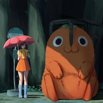 Rule 34 | 1girl, 1other, absurdres, boots, brown hair, bus stop sign, chainsaw man, hair ornament, hairclip, higashiyama kobeni, highres, holding, holding umbrella, l1amanade, leaf, leaf on head, looking at viewer, mole, mole under eye, mole under mouth, orange skirt, pochita (chainsaw man), ponytail, rain, red umbrella, rubber boots, scene reference, shirt, short sleeves, single sidelock, skirt, suspender skirt, suspenders, thighs, tonari no totoro, totoro bus stop, umbrella, yellow shirt