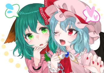 Rule 34 | 2girls, animal ears, ascot, blue hair, chain, collar, dress, floppy ears, green eyes, green hair, hat, heart, highres, kasodani kyouko, long sleeves, mob cap, multiple girls, nail polish, one eye closed, pink dress, red eyes, remilia scarlet, sakechazuke, spoken heart, spoken sweatdrop, sweatdrop, tears, tongue, tongue out, touhou, wings