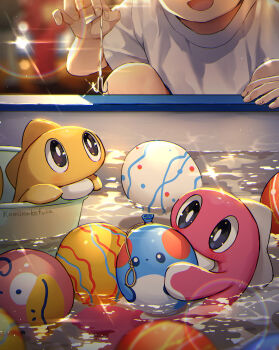 artist_name backlighting balloon black_eyes blurry blurry_background bright_pupils caustics child chromatic_aberration fish gen_1_pokemon gen_2_pokemon highres holding holding_balloon holding_string hook kaminokefusa lens_flare marill nintendo open_mouth pokemon shirt slowpoke squatting string t-shirt tatsugiri water white_pupils white_shirt