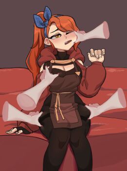 1girl absurdres apron arm_support black_gloves black_pantyhose blue_ribbon breasts brown_apron cheek_pinching cleavage cleavage_cutout clothing_cutout commentary disembodied_hand english_commentary facing_viewer feet_out_of_frame fingerless_gloves gloves grabbing_another&#039;s_breast grabbing_another&#039;s_thighs groping hair_ribbon hand_up highres hood hood_down hooded_shrug hyyun_ho june_(hyyun_ho) large_breasts long_sleeves meme one_eye_closed orange_eyes orange_hair original pantyhose pinching pov_cheek_grabbing_(meme) red_shrug ribbon shrug_(clothing) single_fingerless_glove sitting solo thighband_pantyhose