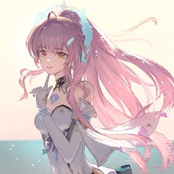 1girl aemeath_(wuthering_waves) bare_shoulders breasts closed_mouth commentary_request elbow_gloves gloves hand_up highres index_finger_raised long_hair medium_breasts pink_hair revision smile solo upper_body white_background white_gloves wuthering_waves zhongyuanqing