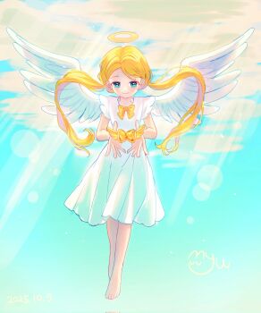 1girl angel angel_wings barefoot blonde_hair blue_eyes bow closed_mouth cloud commentary corrupted_twitter_file dated dated_commentary dress feathered_wings full_body halo highres long_hair looking_at_object myumyu_5510 official_alternate_costume rainbow_bubblegem signature sky smile solo traditional_halo twintails white_dress white_wings wings yellow_bow yellow_gold_(rainbow_bubblegem)