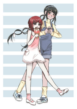 2girls alternate_costume axolotl-anne black_hair blue_overalls blue_shoes blush braid brown_eyes chabashira_tenko commentary danganronpa_(series) danganronpa_v3:_killing_harmony denim denim_overalls dress english_commentary eyelashes food gradient_clothes gradient_dress green_eyes hair_ornament hair_ribbon hairband hairclip height_difference highres holding holding_food holding_ice_cream holding_ice_cream_cone ice_cream ice_cream_cone index_fingers_together long_hair long_sleeves multicolored_hairband multiple_girls overall_shorts overalls pink_socks red_hair ribbon shirt shoelaces shoes short_hair sleeveless sleeveless_dress smile socks sprinkles turtleneck twin_braids twintails two-tone_hairband walking white_ribbon white_shoes yellow_shirt yellow_socks yumeno_himiko yuri