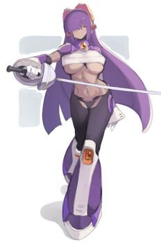 android breasts capcom dark_skin female_focus gloves gynoid highres holding holding_sword holding_weapon large_breasts layer_(mega_man) long_hair mega_man_(series) mega_man_x_(series) mole mole_under_eye panties purple_hair solo sword takamiyadaira underboob underwear very_long_hair weapon yellow_eyes