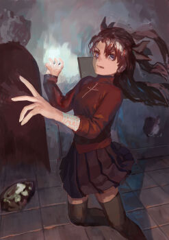 Rule 34 | 1girl, absurdres, action, bad id, bad pixiv id, black bow, black hair, black skirt, black thighhighs, bow, casting spell, cross, damaged, doorway, fate/stay night, fate (series), gandr shot, glowing, glowing lines, hair bow, highres, indoors, ishidah, lips, long hair, magic, magic crest, miniskirt, neon trim, purple eyes, red shirt, shirt, sigil, skirt, sleeves pushed up, spread fingers, thighhighs, tile floor, tiles, tohsaka rin, twintails, two side up, zettai ryouiki