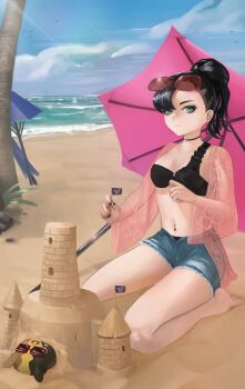 Rule 34 | 1girl, absurdres, asymmetrical bangs, beach umbrella, bikini, bird, black bikini, black choker, black hair, black nails, blue sky, breasts, building sand sculpture, choker, cleavage, closed mouth, cloud, commentary, day, denim, denim shorts, earrings, english commentary, eyewear on head, gen 8 pokemon, green eyes, hair bun, high ponytail, highres, jeredxd, jewelry, looking at viewer, marnie (pokemon), medium breasts, mini flag, morpeko, morpeko (full), navel, navel piercing, nintendo, outdoors, piercing, pokemon, pokemon (creature), pokemon swsh, ponytail, sand, sand castle, sand sculpture, short shorts, shorts, sitting, sky, stomach, sunglasses, swimsuit, thighs, tree, umbrella, wariza