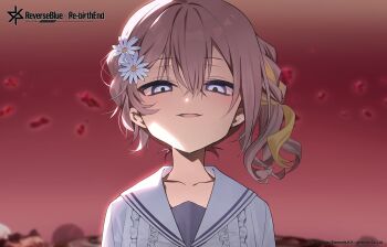 Rule 34 | 1girl, artist request, brown hair, character request, commentary request, copyright logo, crazy eyes, dress, flower, frilled dress, frills, hair between eyes, hair flower, hair ornament, highres, logo, medium hair, official art, parted lips, reverseblue x re-birthend, ribbon, side ponytail, solo, white dress, white flower, yellow ribbon