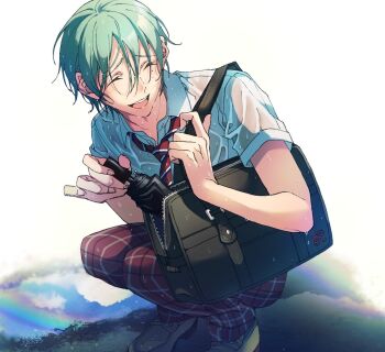 Rule 34 | 1boy, :d, ^ ^, bag, brown shoes, closed eyes, collared shirt, commentary request, ensemble stars!, full body, green hair, hair between eyes, highres, holding, holding umbrella, kazehaya tatsumi, male focus, necktie, open mouth, pants, plaid clothes, plaid pants, red necktie, red pants, setubigo, shirt, shoes, short hair, short sleeves, simple background, smile, solo, striped clothes, striped necktie, umbrella, wet, wet clothes, white background, white shirt