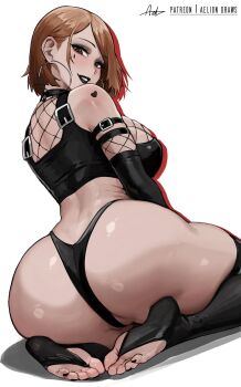 1girl aelion_draws arm_tattoo ass black_eyeliner black_lips black_nails black_panties black_shirt black_thighhighs breasts bridal_legwear brown_eyes brown_hair commentary crop_top curvy earrings english_commentary eyeliner facial_mark feet fishnets goth_fashion heart heart_tattoo highres hoop_earrings jewelry jujutsu_kaisen kugisaki_nobara large_breasts looking_back makeup nail_polish no_shoes panties partially_visible_vulva seiza shirt short_hair sitting soles solo tattoo thick_thighs thighhighs thighs toenail_polish toenails toes underwear