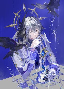 Rule 34 | 1boy, arm belt, badge, bird, blue background, blue hair, chess piece, commentary, crow, earrings, english commentary, gloves, halo, halo behind head, highres, holding, honkai: star rail, honkai (series), jacket, jewelry, light smile, male focus, mannequin, medium hair, official alternate costume, piercing, qingming tiaohetu, ring, sunday (honkai: star rail), sunday (sacerdos' relived ordeal) (honkai: star rail), tassel, yellow eyes