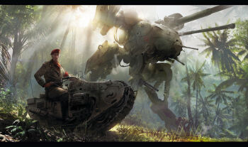 absurdres aged_down belt beret boots cannon character_request commentary concept_art english_commentary forest fusion gloves gun handgun hat highres holster ignacio_bazan_lazcano jungle kettenkrad light_rays machine_gun machinery mecha metal_gear_(robot) metal_gear_(series) metal_gear_solid_(film) metal_gear_solid_3:_snake_eater motor_vehicle motorcycle nature neisbeis official_art original palm_tree plant rainforest realistic redesign revolver revolver_ocelot riding robot scarf science_fiction soviet spetsnaz spoilers sun sunbeam sunlight tree walker_(robot) weapon