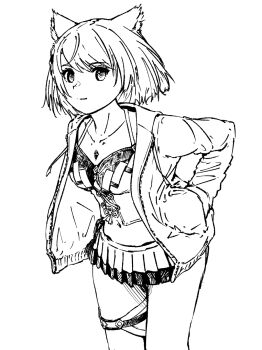 1girl animal_ear_fluff animal_ears breasts cat_ears cat_girl chin_bell closed_mouth collarbone commentary_request greyscale hand_in_pocket highres jacket light_smile looking_at_viewer medium_breasts miniskirt mio_(xenoblade) monochrome navel official_alternate_costume open_clothes open_jacket pleated_skirt simple_background skirt solo standing swimsuit white_background xenoblade_chronicles_(series) xenoblade_chronicles_3