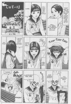 1boy 1girl comic creepy furuya_usamaru greyscale happy hard-translated left-to-right_manga monochrome outdoors scared scary short_cuts skull smile third-party_edit translated tree