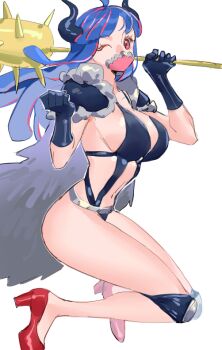 1girl blue_cape blue_hair blue_horns breasts cape club club_(weapon) covered_mouth curled_horns dark_blue_gloves dinosaur_girl fur_cape high_heels horns knee_pads large_breasts long_hair mask mouth_mask multicolored_hair one_eye_closed one_piece pink_eyes pink_hair pink_mask pink_shoes raine_(acke2445) red_footwear revealing_clothes shoes simple_background solo spiked_club streaked_hair ulti_(one_piece) weapon white_background