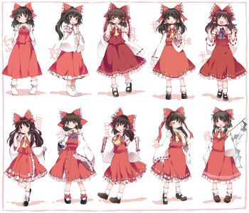 1girl :d ;) ^_^ ascot black_eyes black_hair bow commentary_request comparison detached_sleeves evolution closed_eyes frills gohei hair_bow hair_ribbon hair_tubes hakurei_reimu hammer_(sunset_beach) highres holding loafers long_hair looking_at_viewer mary_janes md5_mismatch nontraditional_miko one_eye_closed open_mouth ponytail ribbon ribbon-trimmed_sleeves ribbon_trim shoes short_hair smile socks touhou white_legwear wide_sleeves wink