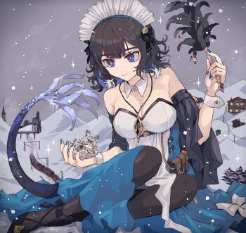 2girls animal_ears arknights black_hair black_pantyhose blue_eyes blue_hair blue_nails breasts cleavage colored_inner_hair detached_collar detached_sleeves dress duster feather_duster giant giantess grey_hair grey_sky highres jewelry kjera_(arknights) kjera_(ingenious_servant)_(arknights) large_breasts maid_headdress multicolored_hair multiple_girls noshima pantyhose pendant pramanix_(arknights) sky smile snow strapless strapless_dress tail wrist_cuffs