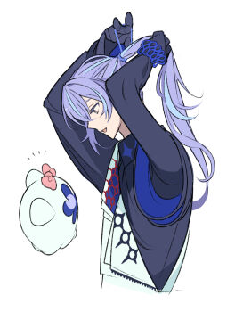 Rule 34 | 1boy, arms up, black gloves, black shirt, blue eyes, blue hair, bow, bowtie, commentary, cropped torso, ghost, gloves, half-jacket, highres, hoshirube sho, hoshirube sho (1st costume), jacket, long sleeves, looking at another, looking down, male focus, moku (kedr2558), multicolored hair, nijisanji, open mouth, otomo (hoshirube sho), ponytail, purple hair, shirt, simple background, smile, solo, streaked hair, tying hair, virtual youtuber, white background, white jacket, wristband