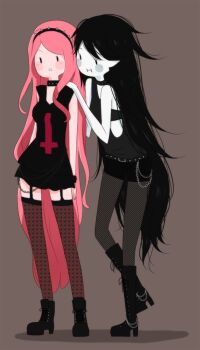 2girls adventure_time bad_deviantart_id bad_id black_hair blush_stickers boots cartoon_network colored_skin garter_belt goth_fashion gothic long_hair marceline_abadeer multiple_girls patterned_legwear pink_hair pink_skin princess_bonnibel_bubblegum smile thighhighs very_long_hair