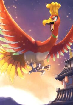 animal_focus beak bell_tower_(pokemon) bird claws flying gen_2_pokemon giovanni_(giogiofx0083) ho-oh legendary_pokemon nintendo no_humans open_mouth outdoors pagoda pokemon pokemon_(creature) pokemon_focus red_eyes sky talons wings
