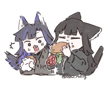 Rule 34 | 2girls, animal ears, araya (project moon), black eyes, black hair, blue streaks, burger, burger malfunction, cat ears, cat tail, commentary request, eating, fang, food, holding, holding burger, holding food, limbus company, long hair, mother and daughter, multicolored hair, multiple girls, open mouth, project moon, ryoshu (project moon), sidelocks, simple background, ssmr rolling, streaked hair, sweat, tail, very long hair, white background