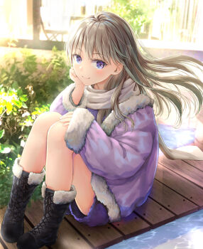 1girl akasaka_asa black_boots blue_eyes blush boots brown_hair bush closed_mouth coat commentary_request day female_focus floating_hair full_body fur-trimmed_boots fur-trimmed_sleeves fur_trim grey_scarf hand_on_own_cheek hand_on_own_face hand_on_own_knee highres knee_boots knees_up long_hair long_sleeves looking_at_viewer original purple_coat purple_shorts scarf shorts sitting smile solo sunlight water wins winter_clothes winter_coat