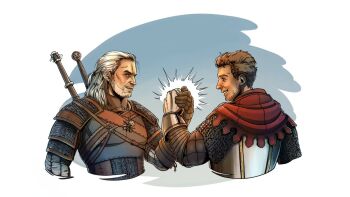 2boys armor brown_hair crossover geralt_of_rivia henry_of_skalitz kingdom_come:_deliverance kingdom_come:_deliverance_ii looking_at_another multiple_boys official_art short_hair sword sword_on_back the_witcher_(series) the_witcher_3 upper_body weapon weapon_on_back white_hair witcher_medallion