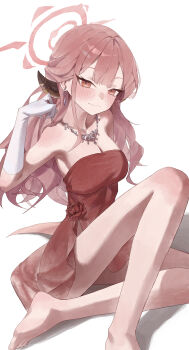 1girl absurdres aru_(blue_archive) blue_archive breasts chiyo_kami cleavage closed_mouth commentary_request dress gloves halo highres jewelry large_breasts long_hair looking_at_viewer necklace problem_solver_68_(blue_archive) red_dress red_hair simple_background smile solo white_background white_gloves