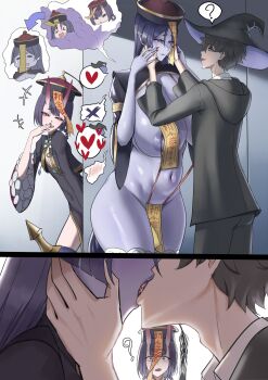 1boy 2girls absurdres black_hair blush breasts cosplay fate/grand_order fate_(series) french_kiss fujimaru_ritsuka_(male) halloween hans-kun hetero highres horns kiss large_breasts long_hair mature_female minamoto_no_raikou_(fate) multiple_girls purple_eyes purple_hair shuten_douji_(fate) smile thighs wide_hips