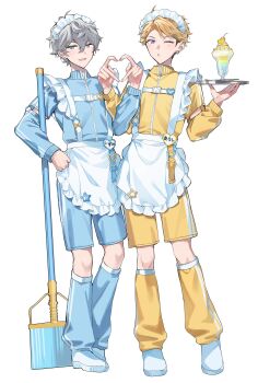 2boys apron blue_eyes brown_hair character_name commentary_request detached_sleeves earrings ensemble_stars! full_body glass grey_hair hair_between_eyes hand_on_own_hip hand_up hands_up heart heart_hands heart_hands_duo highres holding holding_tray jersey_maid jewelry leg_warmers maid maid_headdress male_focus mochiko_(mochiko_enst) multiple_boys narukami_arashi one_eye_closed open_mouth purple_eyes sena_izumi_(ensemble_stars!) shorts simple_background smile standing tray unconventional_maid white_apron white_background zipper zipper_pull_tab