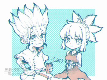 Rule 34 | 1boy, 1girl, :3, arms behind back, bandaged arm, bandages, closed mouth, dr. stone, dress, glitch, hairband, holding, ishigami senkuu, kohaku (dr. stone), looking at viewer, monochrome, ninomae gin, ponytail, red dress, rope belt, smile