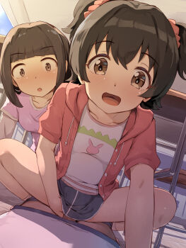 1boy 2girls akagi_miria blue_skirt blush brown_eyes brown_hair clothed_sex commentary_request girl_on_top guided_penetration hair_ornament hair_scrunchie hetero highres idolmaster idolmaster_cinderella_girls jacket loli looking_at_viewer multiple_girls open_clothes open_jacket open_mouth penis pov pov_crotch red_jacket red_scrunchie scrunchie seneto sex short_hair short_sleeves skirt squatting_cowgirl_position stealth_sex two_side_up