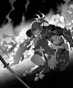 1boy 1girl armor artist_request blood blood_on_face check_artist closed_eyes commentary_request fate/grand_order fate_(series) fire greyscale headband hetero highres horns japanese_armor japanese_clothes kimono kiss kneeling korean_commentary mokana_moka monochrome night oni planted planted_sword planted_weapon pointy_ears ponytail sakata_kintoki_(fate) second-party_source short_hair shuten_douji_(fate) sword weapon
