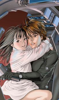 1boy 1girl arms_around_neck arms_up black_bodysuit black_hair blush bodysuit brown_eyes brown_hair collared_shirt cowboy_shot driving gantz gantz_suit hair_between_eyes highres hug kurono_kei latex latex_bodysuit long_hair looking_back motor_vehicle motorcycle official_art oku_hiroya on_motorcycle open_mouth riding shirt short_hair sitting sitting_on_person skin_tight smile thighs white_shirt