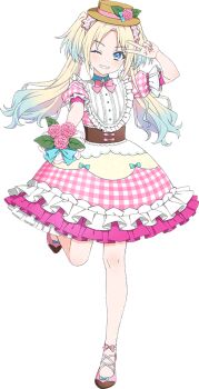 1girl ;d blonde_hair blue_bow blue_eyes blue_hair bow bowtie brown_hat collared_dress curtained_hair dress flower full_body game_cg gigo gingham_dress gradient_hair grin hat hat_bow hat_flower holding holding_flower leg_up link!_like!_love_live! long_hair looking_at_viewer love_live! multicolored_hair no_socks non-web_source official_alternate_costume official_art one_eye_closed open_mouth osawa_rurino parted_bangs pink_bow pink_bowtie pink_dress pink_flower pink_rose pink_shoes puffy_short_sleeves puffy_sleeves rose shoes short_dress short_sleeves simple_background smile solo standing standing_on_one_leg transparent_background v v_over_head virtual_youtuber