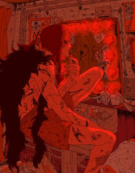 1boy absurdres applying_lipstick applying_makeup boxers commentary_request donquixote_rocinante drawing_(object) facepaint feather_coat hat heart highres jurokutya looking_at_mirror male_focus male_underwear messy_room mirror no_shirt one_piece photo_(object) red_hat red_light red_theme scar scars_all_over sitting sitting_on_object too_many underwear