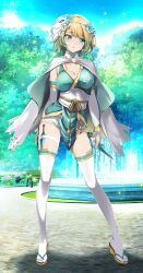 Rule 34 | 1girl, bench, blonde hair, bloom, blue eyes, breasts, bush, cape, cleavage, earrings, elbow gloves, fire emblem, fire emblem heroes, fjorm (fire emblem), fjorm (ninja) (fire emblem), fountain, gloves, gradient hair, highres, holding, holding weapon, jewelry, kunai, looking to the side, mask, mask on head, medium breasts, multicolored hair, ninja, nintendo, official alternate costume, outdoors, park, park bench, road, sandals, short hair, short shorts, shorts, shuriken, solo, sunlight, thighhighs, tree, tsukishiro saika, weapon, white gloves, white mask, white shorts, white thighhighs, zouri