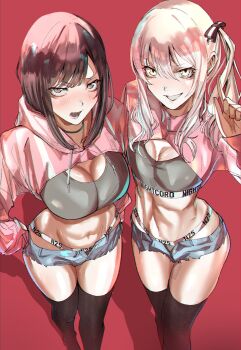 1girl 1other akiyama_mizuki breasts brown_hair clothes_writing cutoffs denim denim_shorts drawstring dress eyeliner feet_out_of_frame hair_between_eyes hair_ornament hairclip hand_on_own_hip hand_up highres index_finger_raised large_breasts long_hair long_sidelocks long_sleeves looking_at_viewer makeup micro_shorts navel nb8c open_clothes open_fly open_mouth open_shorts pantyhose pink_dress pink_hair project_sekai red_background shinonome_ena short_shorts shorts shrug_(clothing) side_ponytail sidelocks simple_background sports_bra swept_bangs thighhighs underwear_writing
