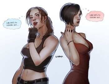 2girls ada_wong bare_shoulders bead_band belt black_belt black_choker black_gloves black_hair black_shirt breasts candy choker claire_redfield cleavage commentary crop_top dress english_commentary english_text fingerless_gloves food gloves hair_over_shoulder hand_on_own_neck highres holding holding_candy holding_food holding_lollipop lollipop long_hair medium_breasts midriff multiple_girls navel open_mouth pants parted_bangs parted_lips ponytail red_dress red_lips resident_evil resident_evil_2 shirt short_hair sleeveless sleeveless_dress sleeveless_shirt speech_bubble thought_bubble twitter_username upper_body white_background yuri zombiyh