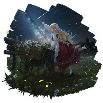 1girl :d apron baby_animal black_shoes black_vest blonde_hair breasts daisy_(flower) fang fence field flower from_side full_body girls&#039;_frontline grass highres index_finger_raised lamb large_breasts leaning_on_object light_particles long_hair long_sleeves looking_at_viewer mary_janes meadow nin_(lion) official_alternate_costume official_art open_mouth outdoors pantyhose red_skirt s.a.t.8_(ballad_of_twilight_blossoms)_(girls&#039;_frontline) s.a.t.8_(girls&#039;_frontline) shadow sheep shirt shoe_soles shoes shooting_star skirt sky smile solo standing standing_on_one_leg teeth third-party_source transparent_background tree upper_teeth_only veil very_long_hair vest wagon white_apron white_pantyhose white_shirt white_veil wooden_fence