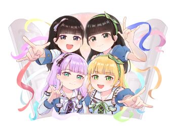 Rule 34 | 4girls, \m/, absurdres, animification, black eyes, blonde hair, blue ribbon, blunt bangs, braid, brown hair, chinese text, closed mouth, commentary request, green eyes, green ribbon, hairband, hand up, heanna sumire, highres, liella! 7th lovelive! ~fly! music world~, long hair, looking at viewer, love live!, love live! superstar!!, moba (moba ba mo), multiple girls, official alternate costume, open door, open mouth, open the gate!!! (love live!), outstretched arms, payton naomi, pink ribbon, purple hair, real life, red ribbon, ribbon, smile, split mouth, upper body, voice actor, white background, wien margarete, yellow ribbon, yuina (voice actor)