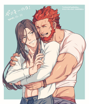 2boys absurdres bara beard black_hair blush border closed_eyes facial_hair fate/grand_order fate_(series) food grin hair_between_eyes highres hug hug_from_behind iskandar_(fate) male_focus male_underwear male_underwear_peek multiple_boys muscular muscular_male pocky red_hair shirt short_hair smile teeth thick_neck underwear waver_velvet white_border white_shirt yaekaidou yaoi