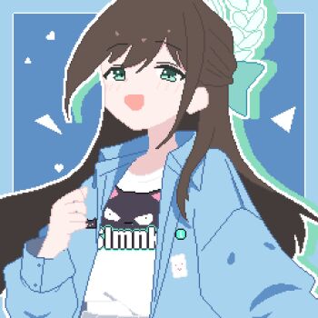 1girl :d absurdres airi_(band)_(blue_archive) airi_(blue_archive) blue_archive blue_background blue_border blue_jacket border brown_hair commentary drop_shadow english_commentary green_eyes green_halo halo hand_up highres jacket long_hair long_sleeves looking_at_viewer official_alternate_costume open_clothes open_jacket open_mouth pixel_art shirt slmnk10124 smile solo swept_bangs upper_body white_shirt