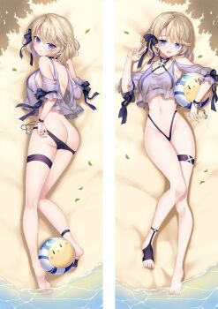 1girl ass azur_lane ball bare_legs barefoot beach beachball bikini bikini_pull black_bikini black_bow blonde_hair blue_eyes bow bracelet breasts cleavage closed_mouth clothes_pull criss-cross_halter dakimakura_(medium) from_above hair_between_eyes hair_bow halterneck highleg highleg_bikini jewelry looking_at_viewer lying medium_breasts medium_hair moeanime on_back on_side open_mouth sideboob split_screen swimsuit thigh_strap z23_(azur_lane) z23_(breezy_doubles)_(azur_lane)